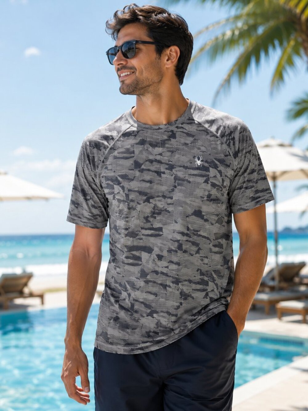 Spyder Rash Guard Swim Shirt Mens Large Gray Camo UPF 30+ Quick Dry NWT